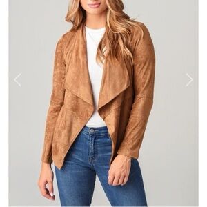 BB Dakota Camel Brown Faux Suede Open Front Waterfall Cardigan Blazer Pockets XS